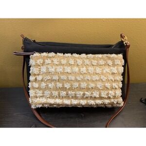Tommy Bahama Purse Tan Cream Black Linen With Raffia Pocket Crossbody Boho